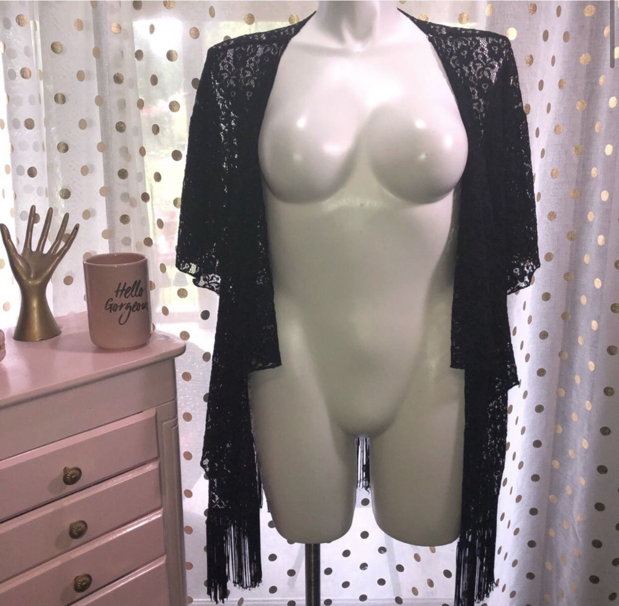 LuLaRoe Size Large Black Fringe Open Front Sweater Cardigan