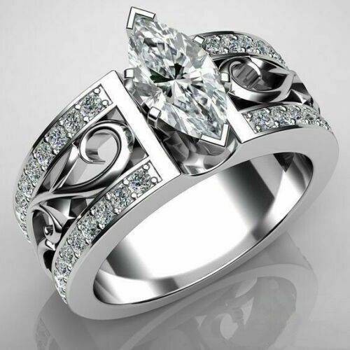 Elegant Women 925 Silver Wedding Ring Marquise Cut White Sapphire Ring Size 6-10