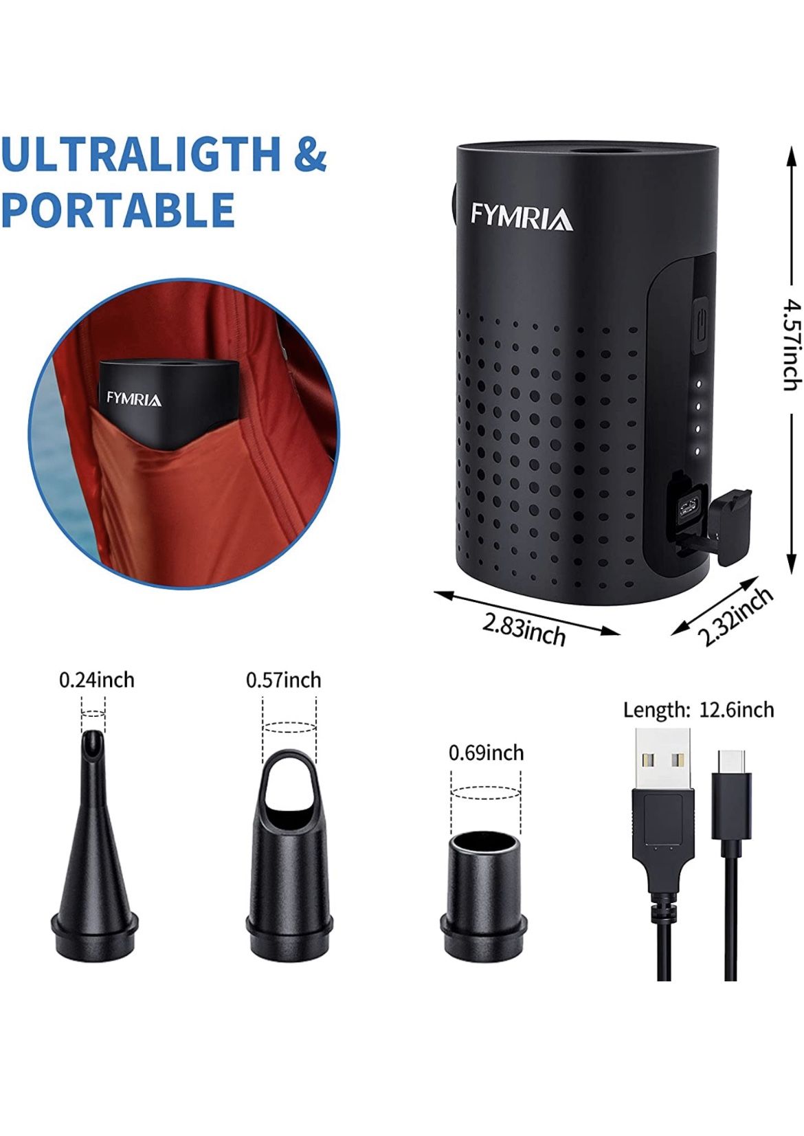 Electric Air Pump, Portable Quick-Fill Air Pump with 3 Nozzles, USB 4000mAh Battery Rechargeable Inflator Deflator Pump for Air Mattress Bed, Swimming
