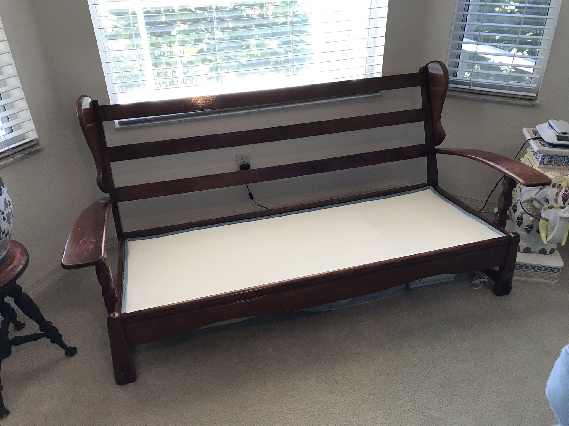 MID-20TH CENTURY QUARTER-SAWN SOLID MAPLE SOFA & CHAIR FOR HOUSE OR ENCLOSED LANAI