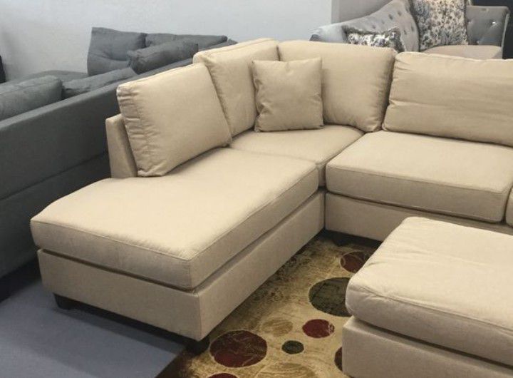 Brand New Sand Color Linen Sectional Sofa Couch + Ottoman 