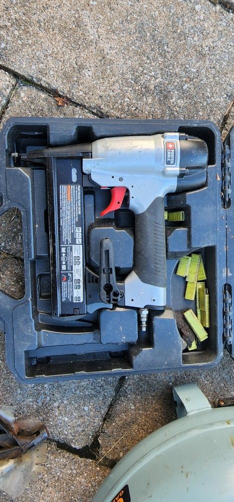Air Compressor, Pierce Siding Gun, & Porter Cable Narrow Crown Stapler