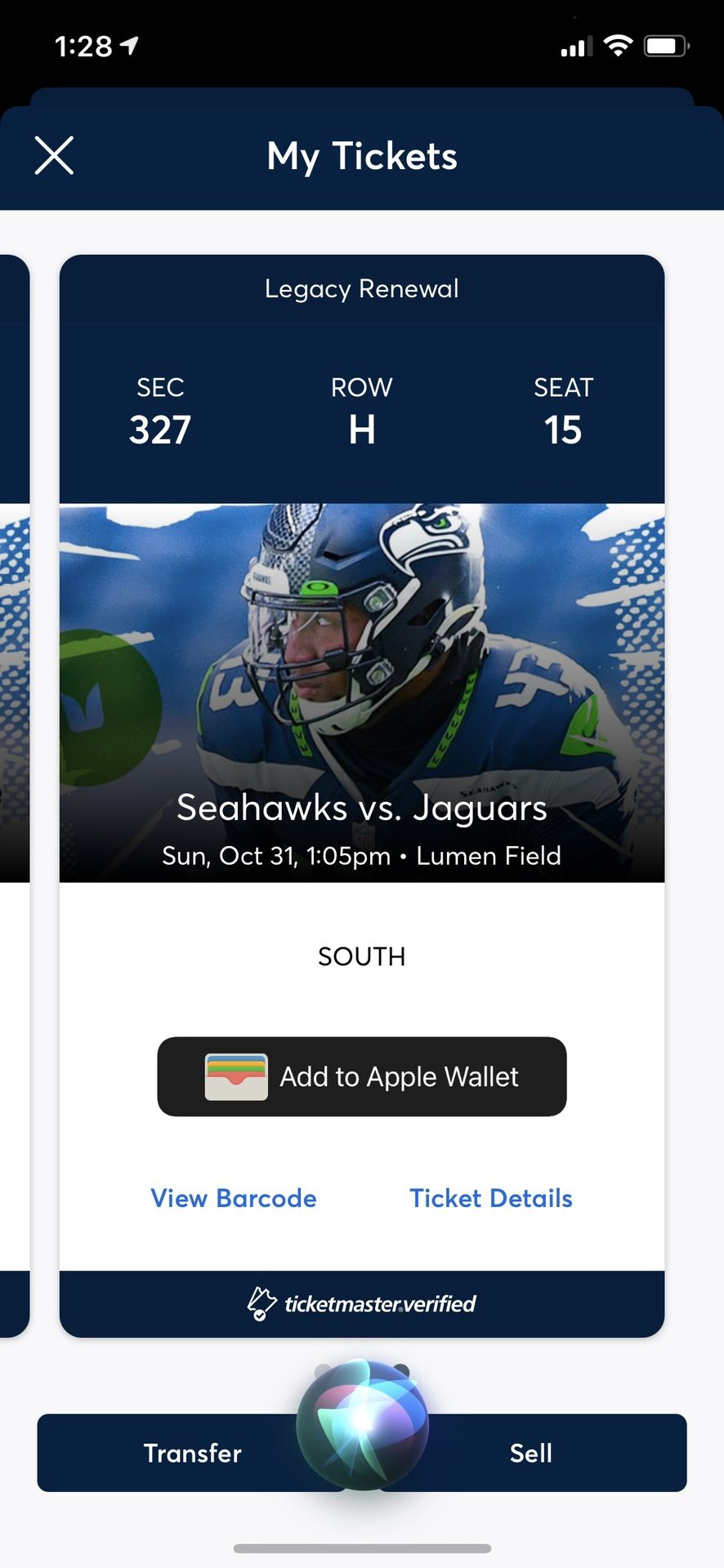 Pair Of Seahawks Vs. Jaguars, Oct 31. Section 327, Right Over Hawks Tunnel