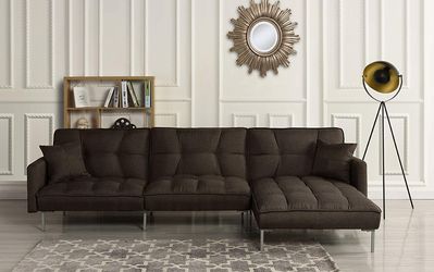 Mid-Century Style Sectional Sofa, Full Reclining, Brown Thumbnail