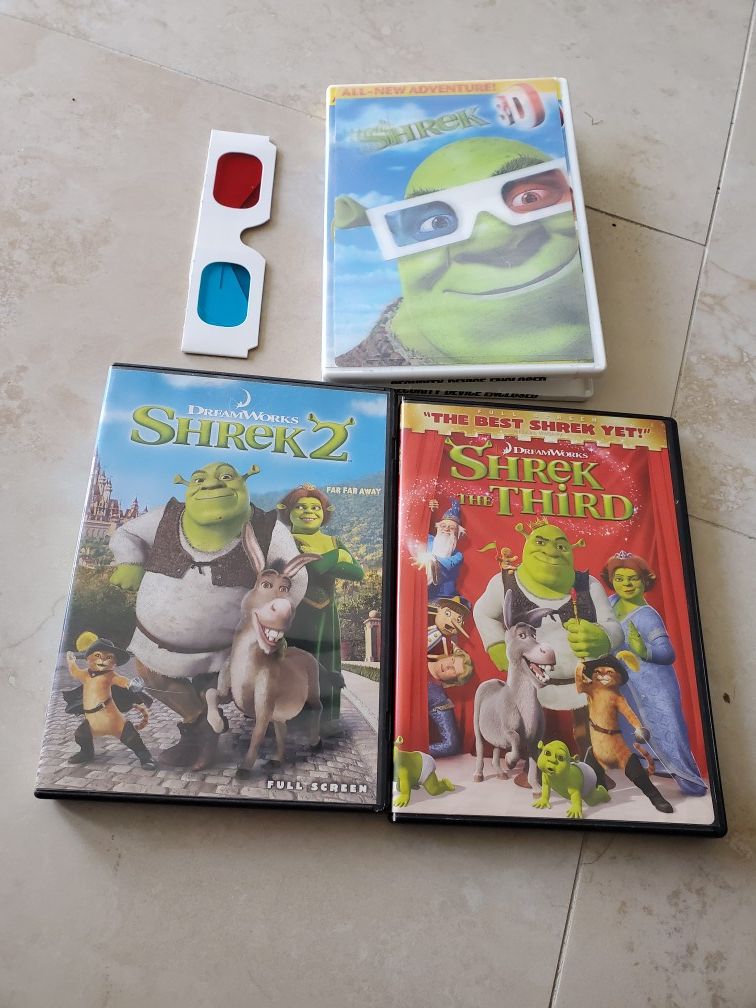 Shrek 1 w/3-D glasses Shrek 2 and 3 $5