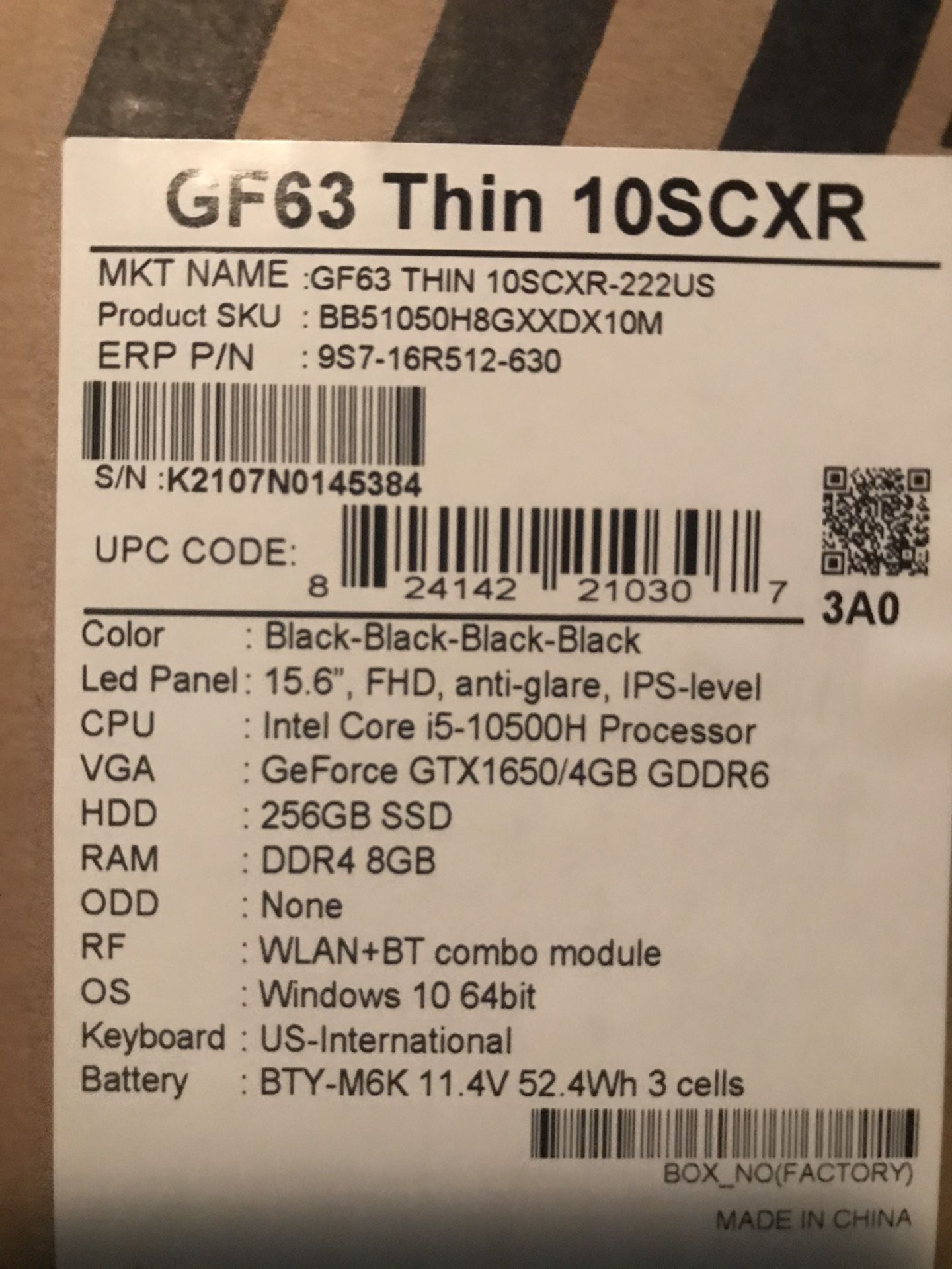 Brand New Sealed Box MSI GF63 Thin Gaming Laptop, 15.6" FHD Display, Intel Core i5-10300H, NVIDIA GeForce GTX 1650 MaxQ, 8GB DDR4, 256GB NVMe SSD, Bla