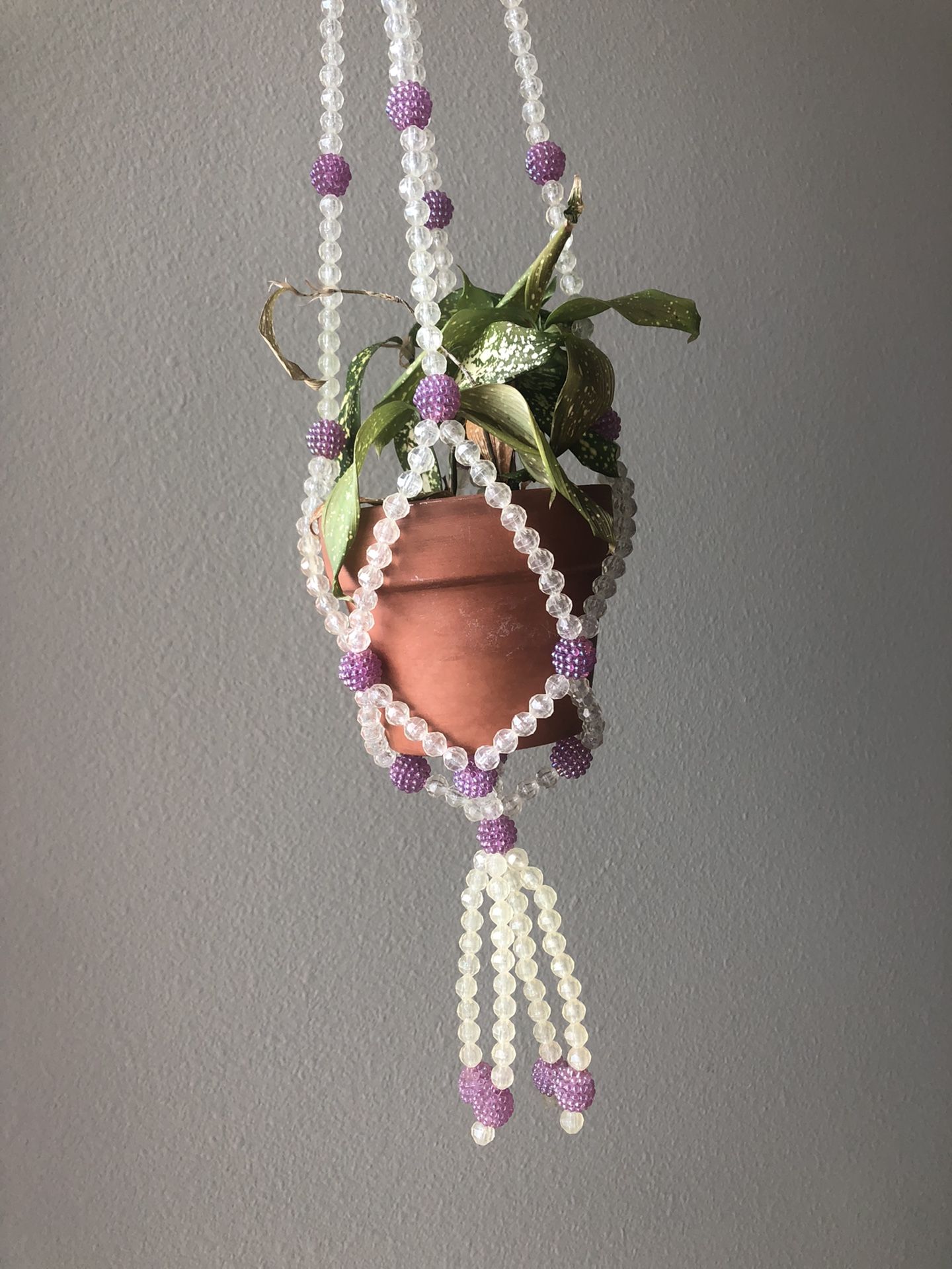 Boho 70s Beaded Plant Holder- Purple And White