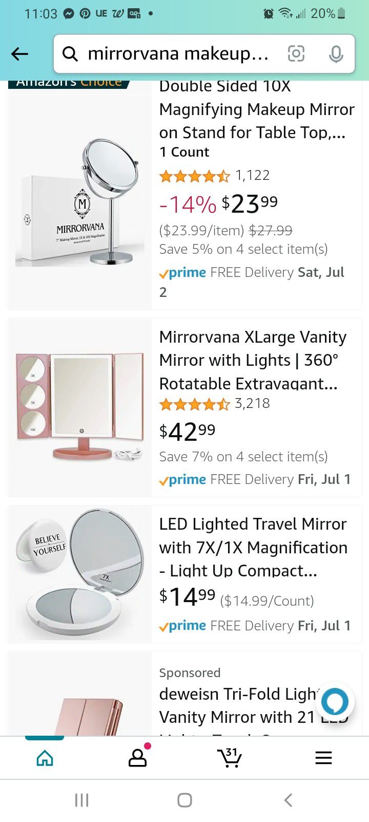 Mirrorvana TriFold Dimmable Light XL Vanity Mirror 160° swivel  & Free  Brush Holder