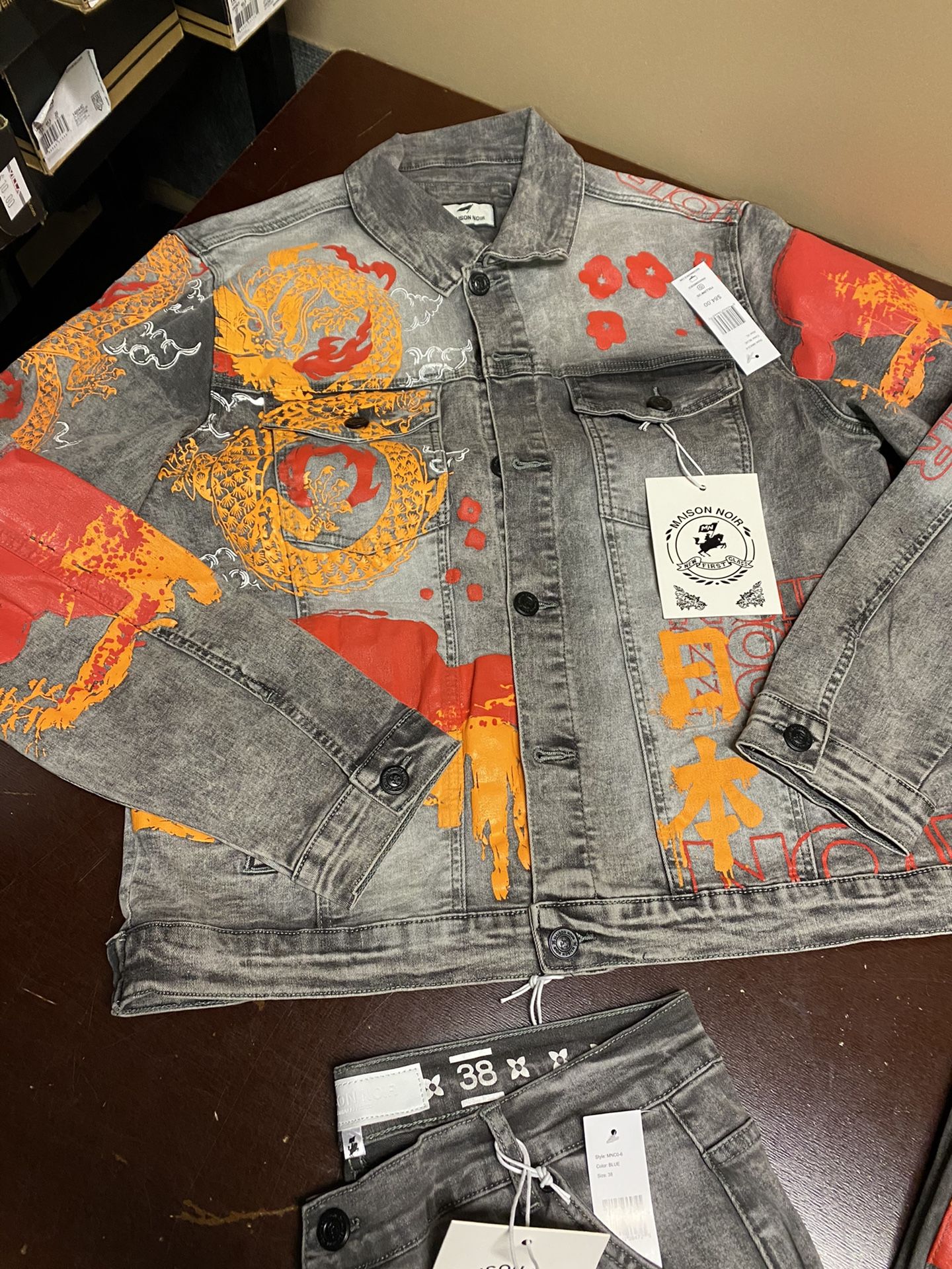 REASON BRAND TOKYO JEAN JACKET & JEANS SET "NWT" REASON JAPAN FLAME DENIM XL 38W