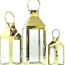 3-PC Set Jumbo Luxury Modern Indoor/Outdoor Hurricane Candle Lantern Set with Chrome Plated Structure and Tempered Glass-Pyramid Top 
 Thumbnail