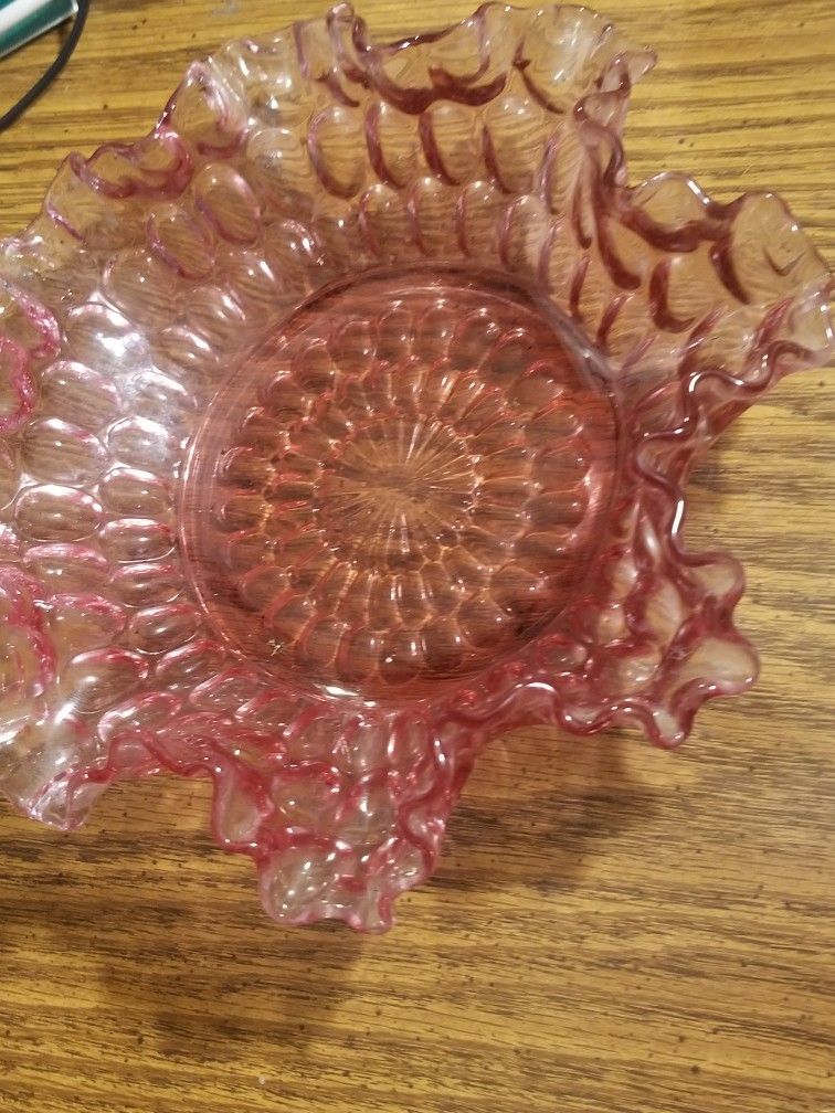 Vintage Rose/Pink Ruffle Glass Candy Dish