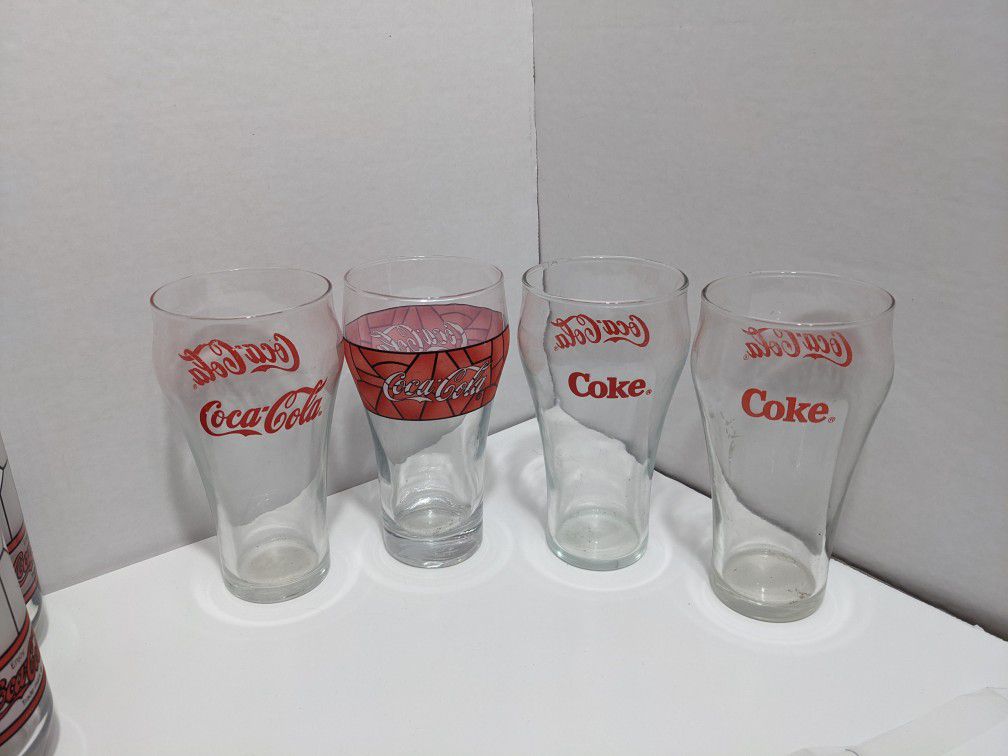 Vintage Coca Cola Stained Glass Cups Drinking Glass Tiffany Style Coke Frosted Lot