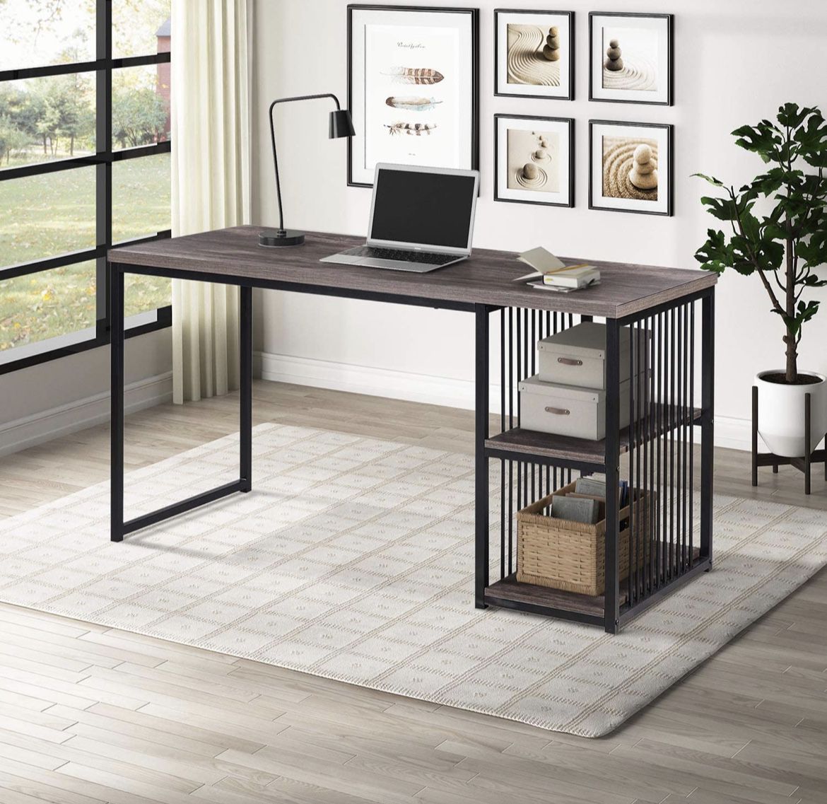 New Home Office Computer Desk, 55 Inch Writing Desk with 2 Storage Shelves on Left or Right, Stable
