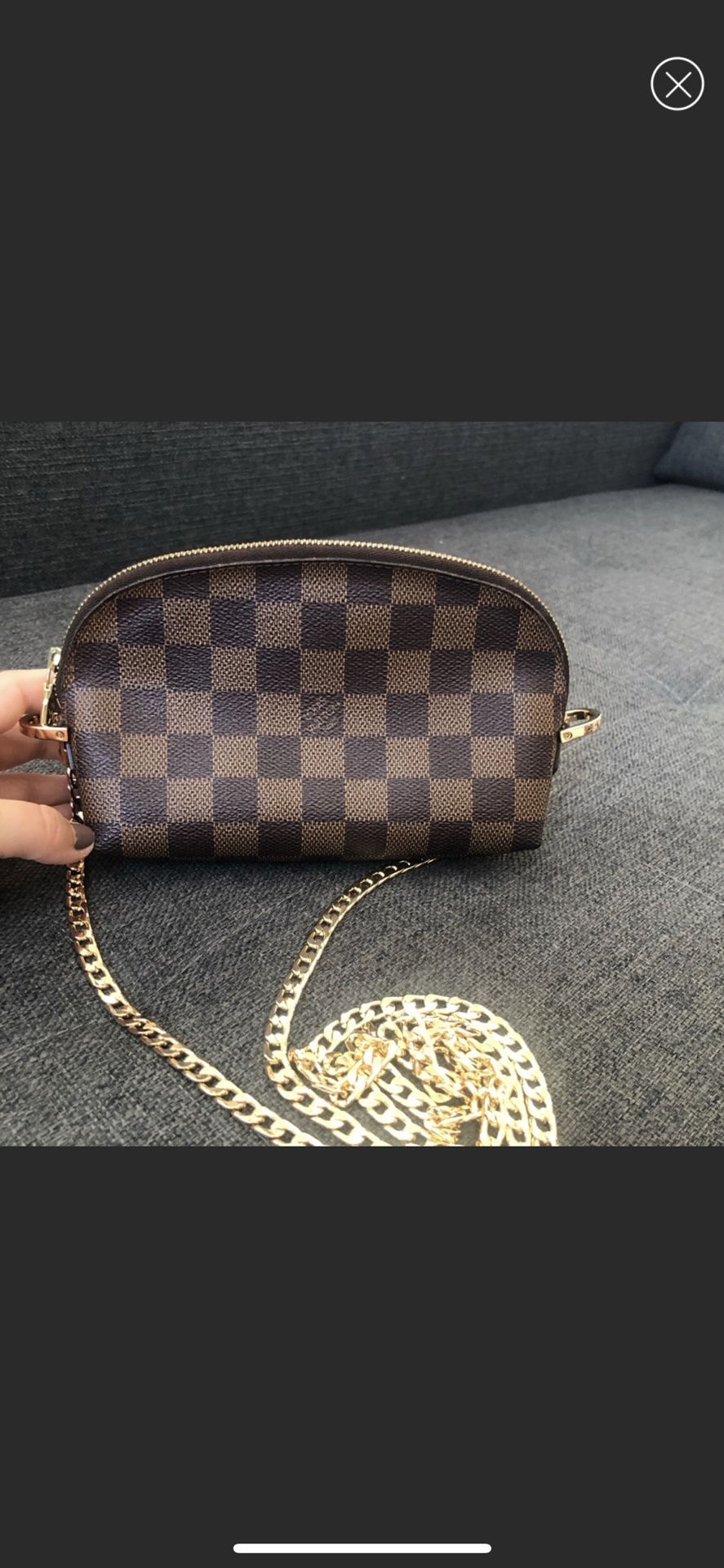 Authentic Louis Vuitton cosmetic bag pochette damier Ebene With Chain 