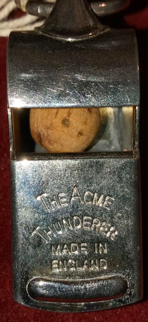 Vintage (1950s or earlier?) (VERY RARE Square Mouthpiece) The Acme Thunderer Made in England Police Whistle (Nickel-Plated Brass) with Original Cork