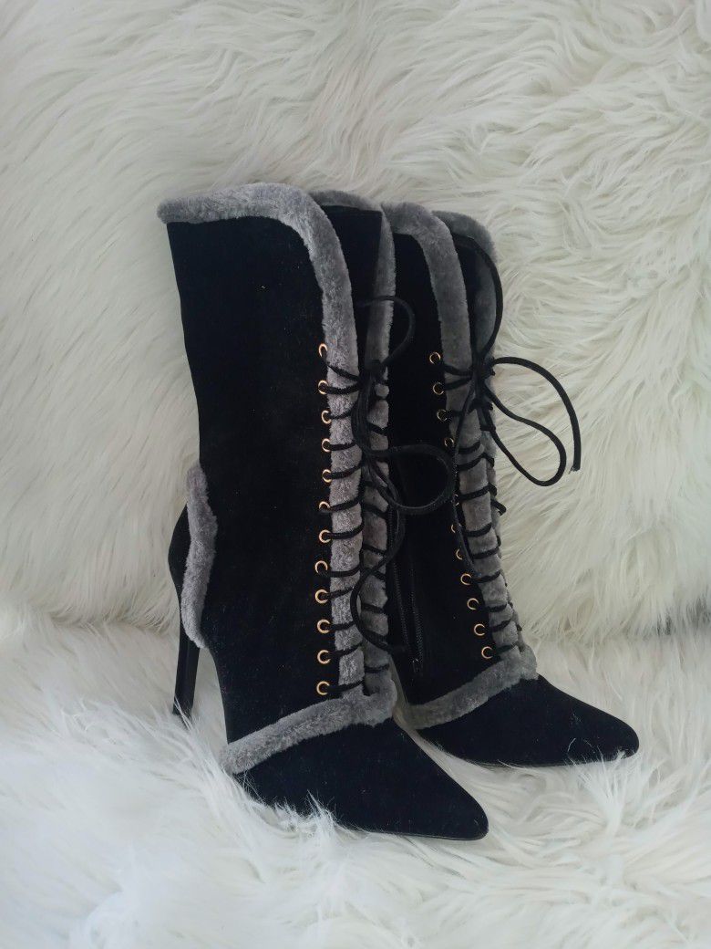 Black And Grey Velvet Boots 7.5
