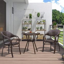 Set of 3 - Industrial Bistro Set, Armed Bistro Chair and Glass Top Table for Patio, Brown Thumbnail