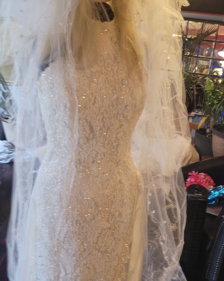 EMAUEL UNGARO VINTAGE LACE PEARL SEQUIN BEADED WEDDING GOWN & TRAINNEW NEVER WORN SIZE 12 I ORY