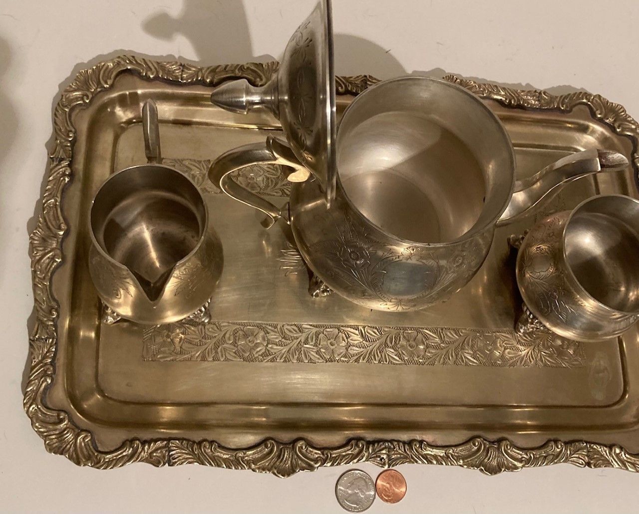 Vintage Metal Silver Teapot Set, Serving Tray, Heavy Duty, 15 1/2" x 10" Tray Size, Home Decor, Kitchen Decor, Table Display, Shelf Display