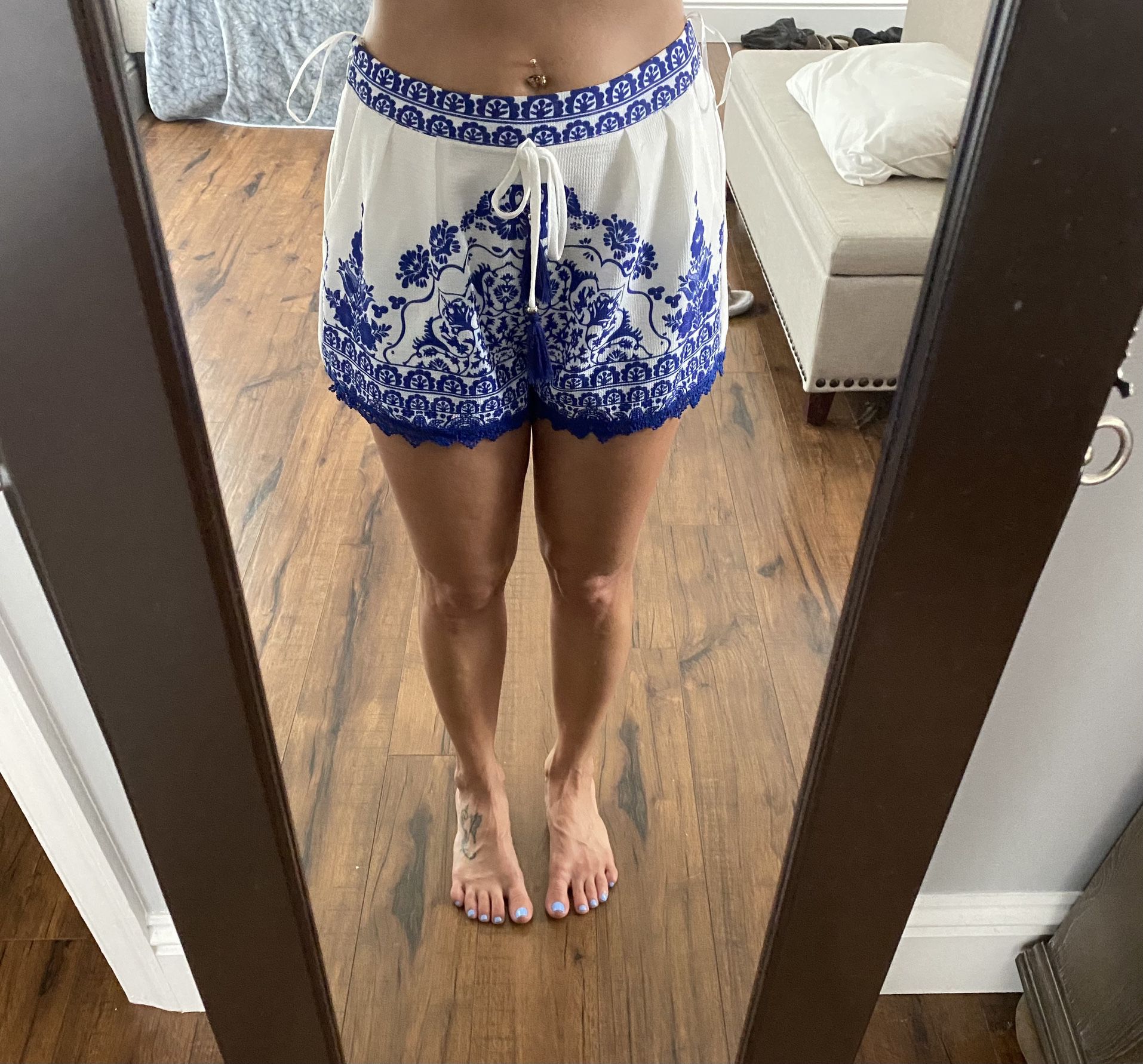 Blue and white two-piece halter top and shorts set
