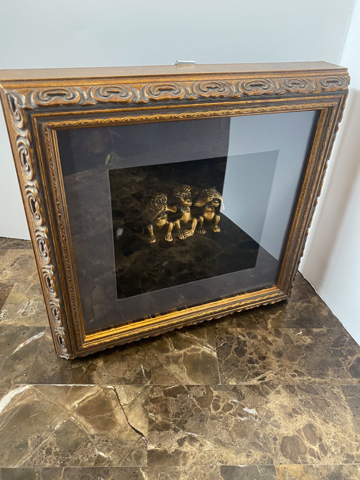 3 Monkeys-see, hear, speak no evil-shadow box 3D wall plaque Gold 11”x11.5”x2.5”