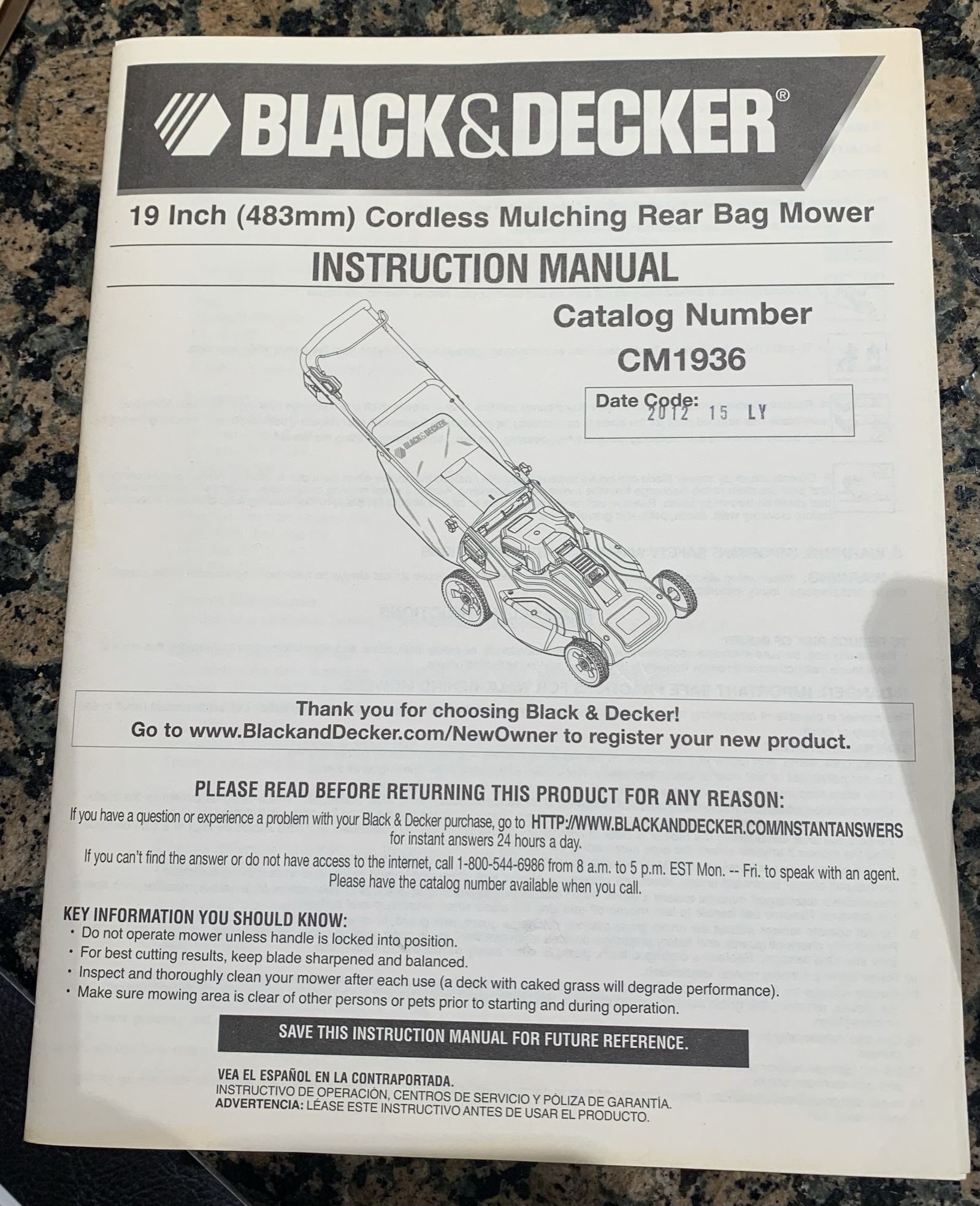 Black & Decker 19” Cordlesss Mulching Mower Instructions Manual ONLY (FREE if Pick Up)