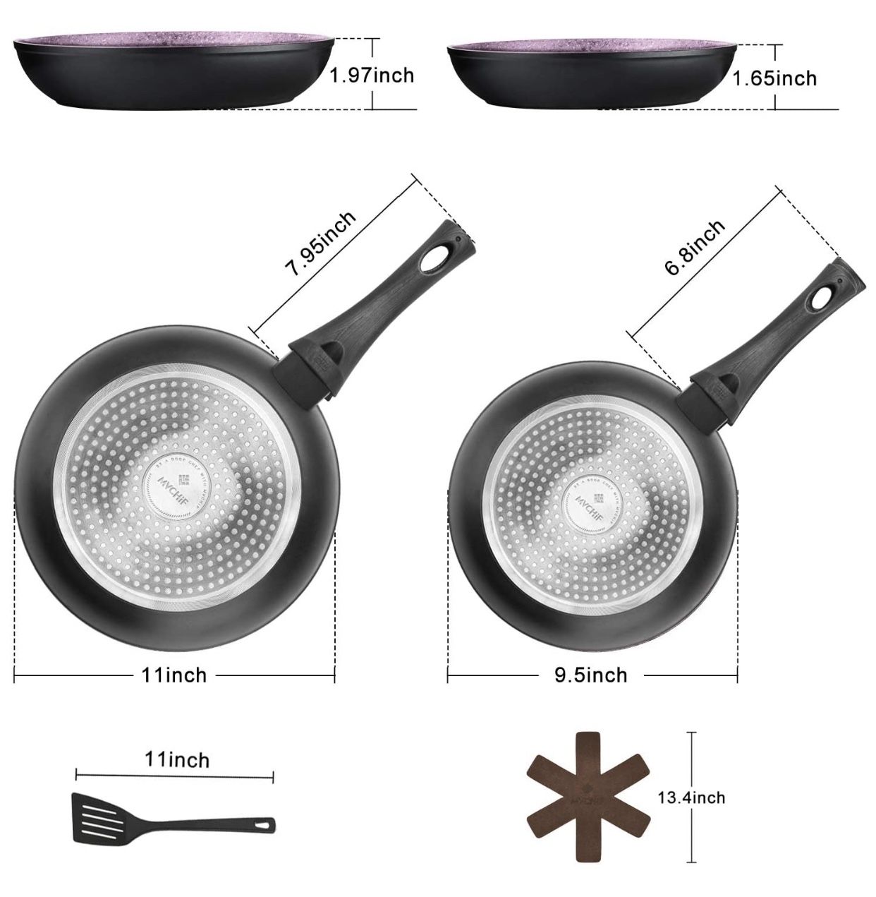Nonstick-Frying-Pan, 9.5" & 11" Frying Pans Nonstick with Granite Coating, 2 Pieces Gray Frying Pans with Slotted Turner and Pan Protector,Aluminum A