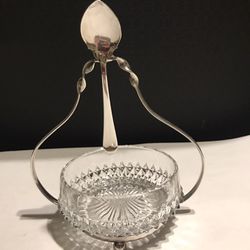 Vintage Clear Cut Glass Sugar Bowl w/ Silver Plated Spoon & Footed Stand Thumbnail