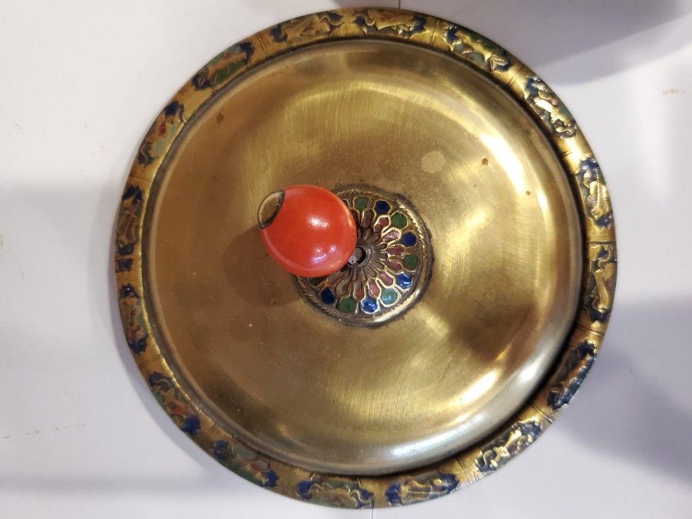 ANTIQUE BRASS AND ENAMEL COVERED DISH AMBER GLASS LINED