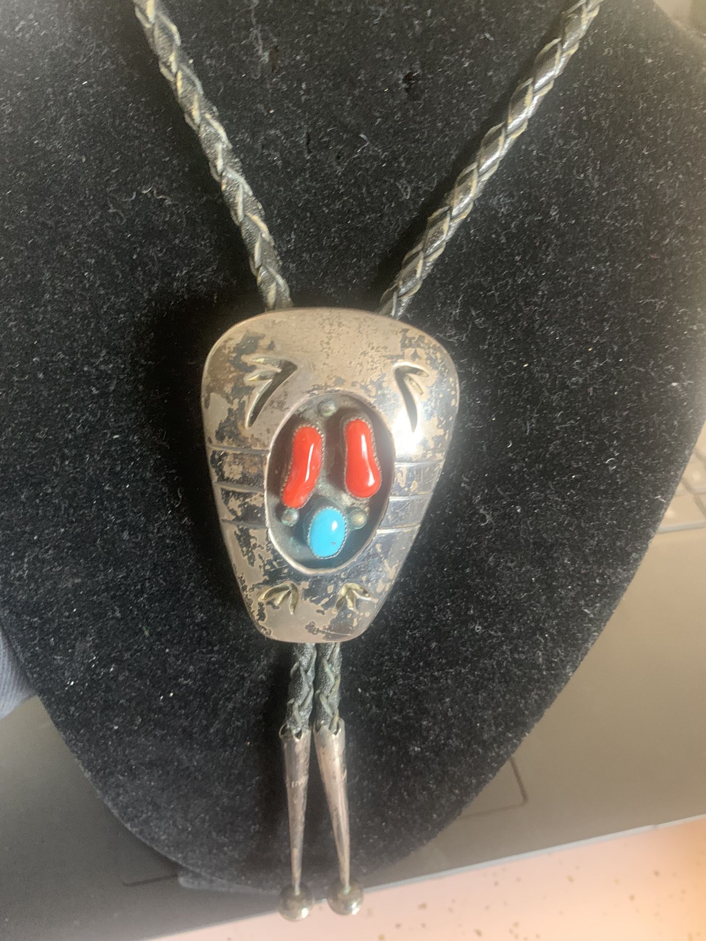 Vintage Sterling Navajo Turquoise and Coral Bolo ,