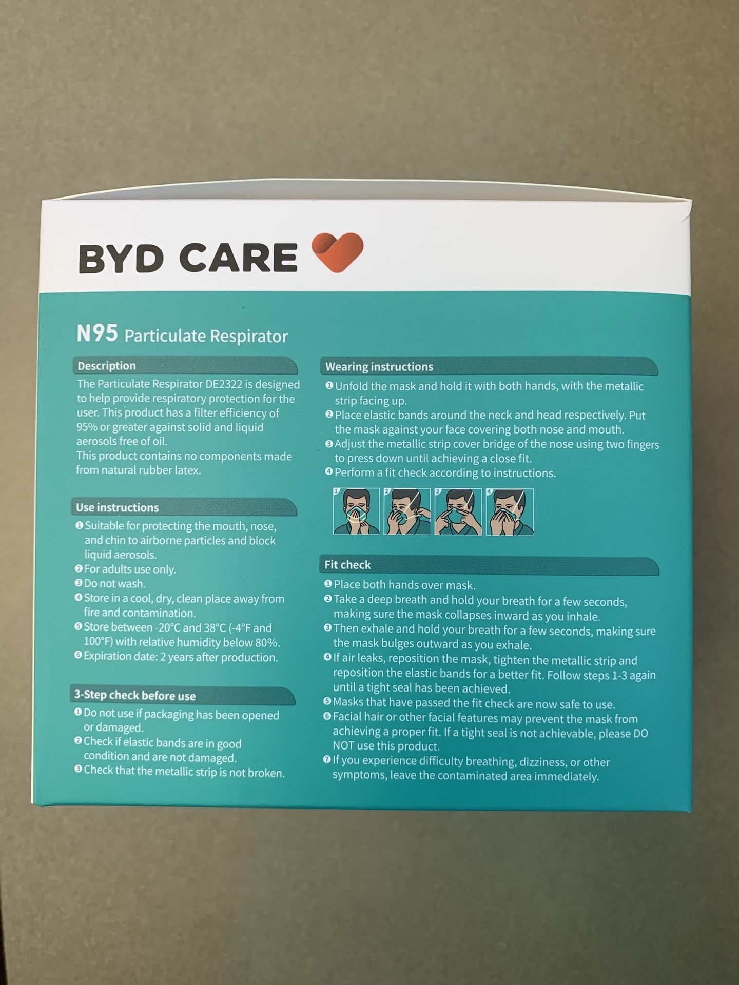BYD Genuine N95 Protective Disposable Masks NIOSH Approved DE2322 (20-Pack)