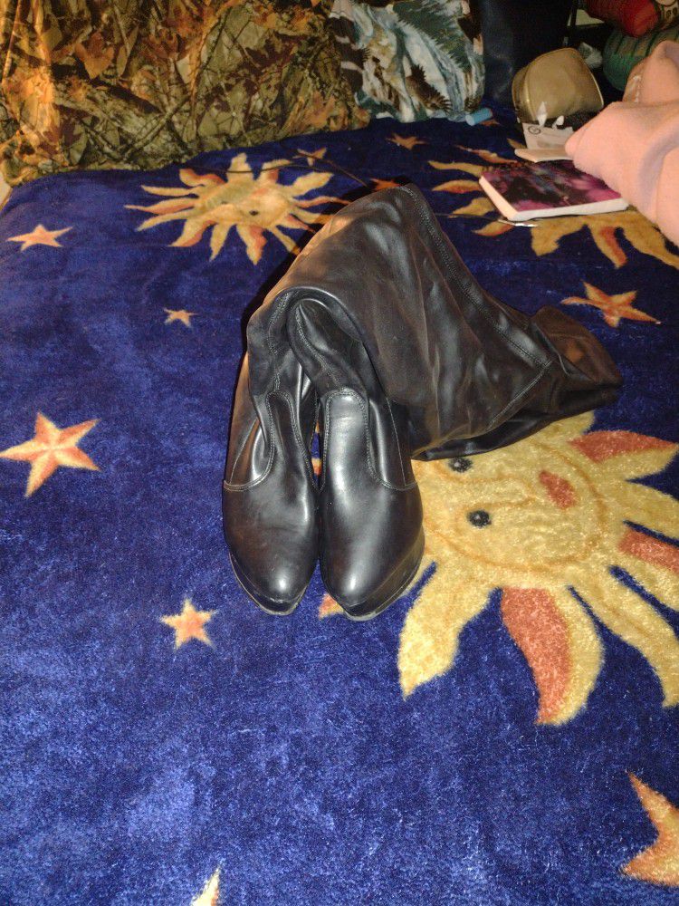 Black Leather Thigh High Heels