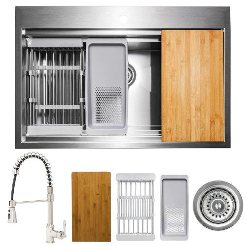 AKDY Handmade All-in-One Topmount Stainless Steel 33 in. x 22 in. Single Bowl Kitchen Sink w/ Spring Neck Faucet, Accessory - #75257-OS