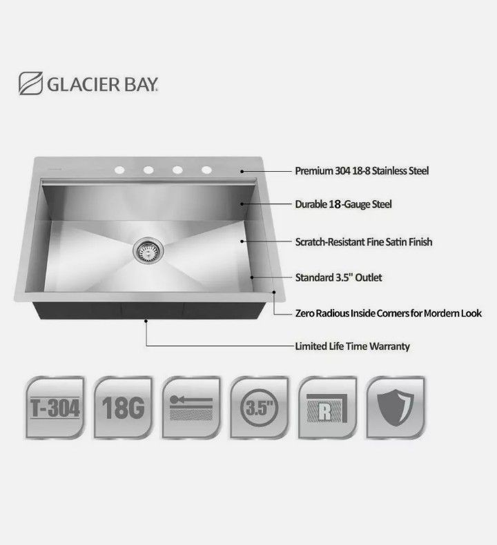 New open box Glacier bay top mount stainless steel 32 inch single bowl kitchen workstation and accessories no faucet