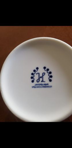 Pair German UNTERGLASUR SPULMASCHINENFEST blue and white tea mugs Cups. Thumbnail