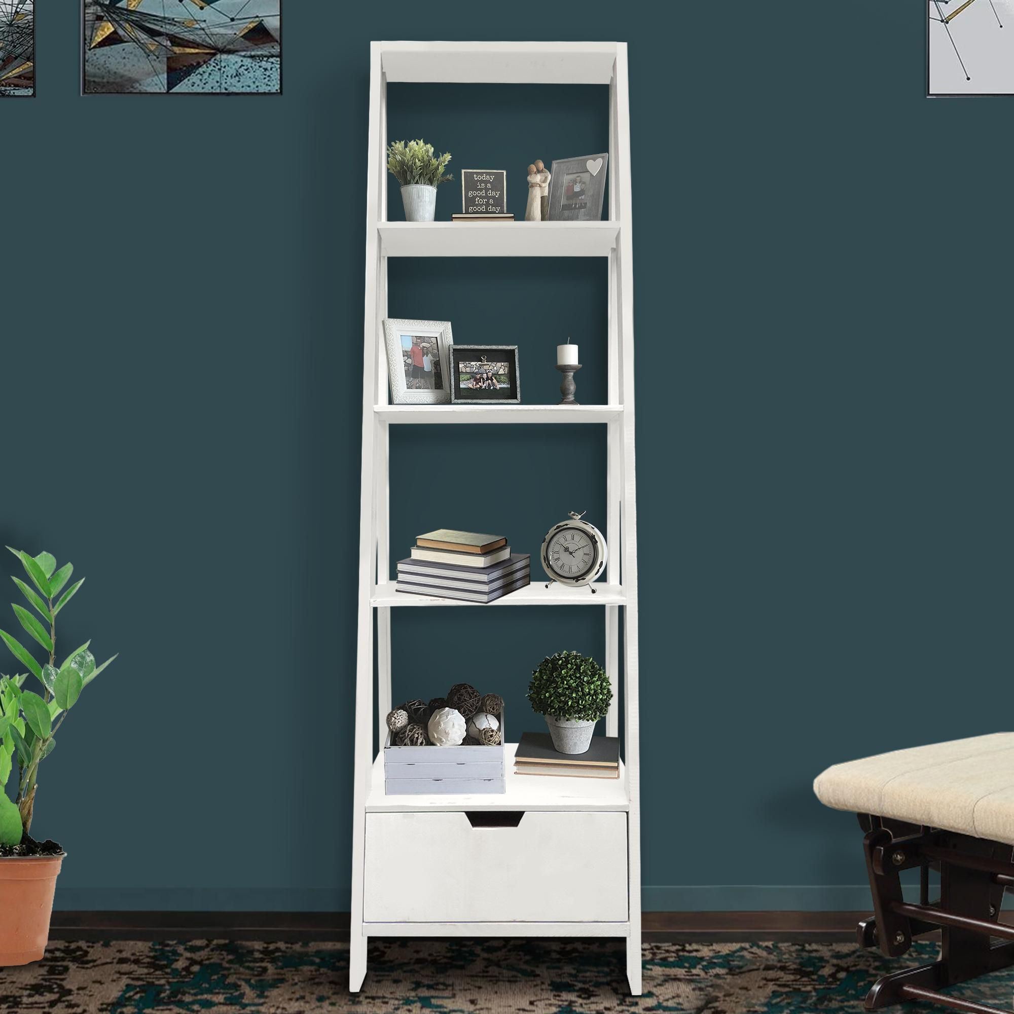 4 Shelf Wooden Ladder Bookcase with Bottom Drawer, Distressed white , Saltoro Sherpi