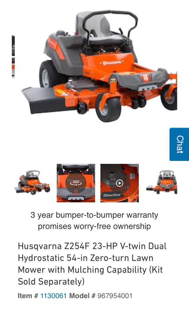Husqvarna Z254F 23HP VTwin Dual Hydrostatic 54in zero turn riding