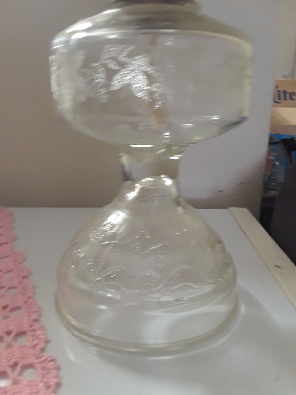 Vintage etched glass oil burning lamp