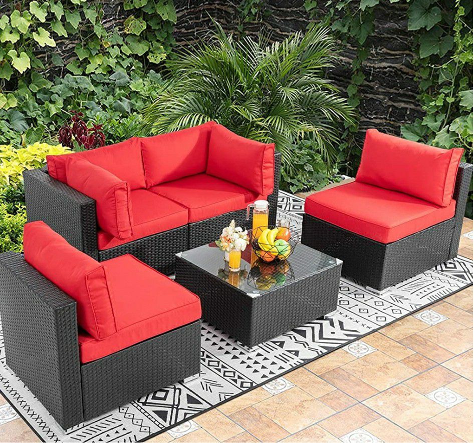 Patio/Outdoor Furniture 5pcs Patio Furniture Sets,Low Back All-Weather Rattan Sectional Sofa w/ Tea Table&Washable Couch Cushions (turquoise & red)