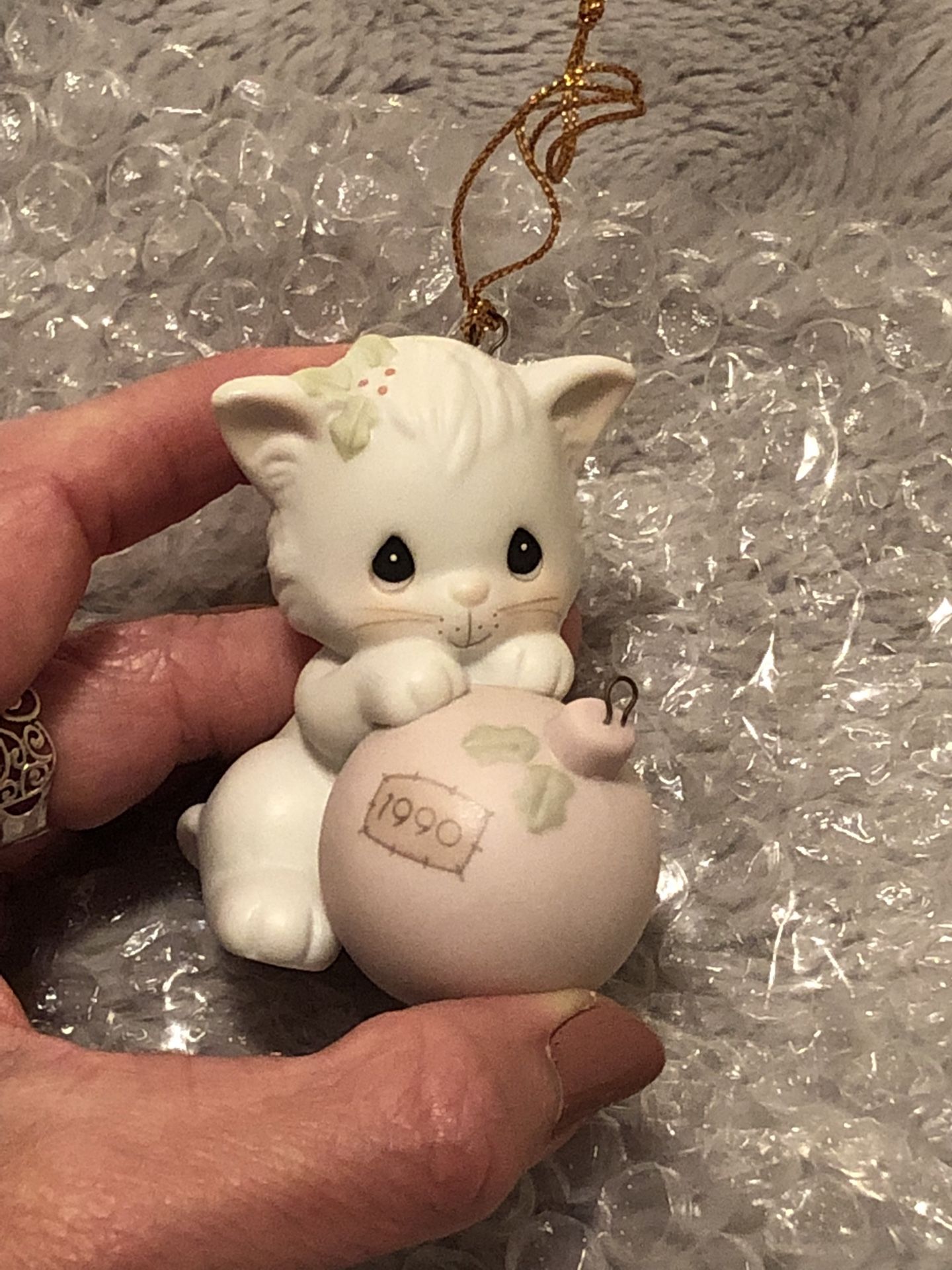 1990 Precious Moments Collection Miniature Ornament “ Wishing You A Purr-Fect Holiday”