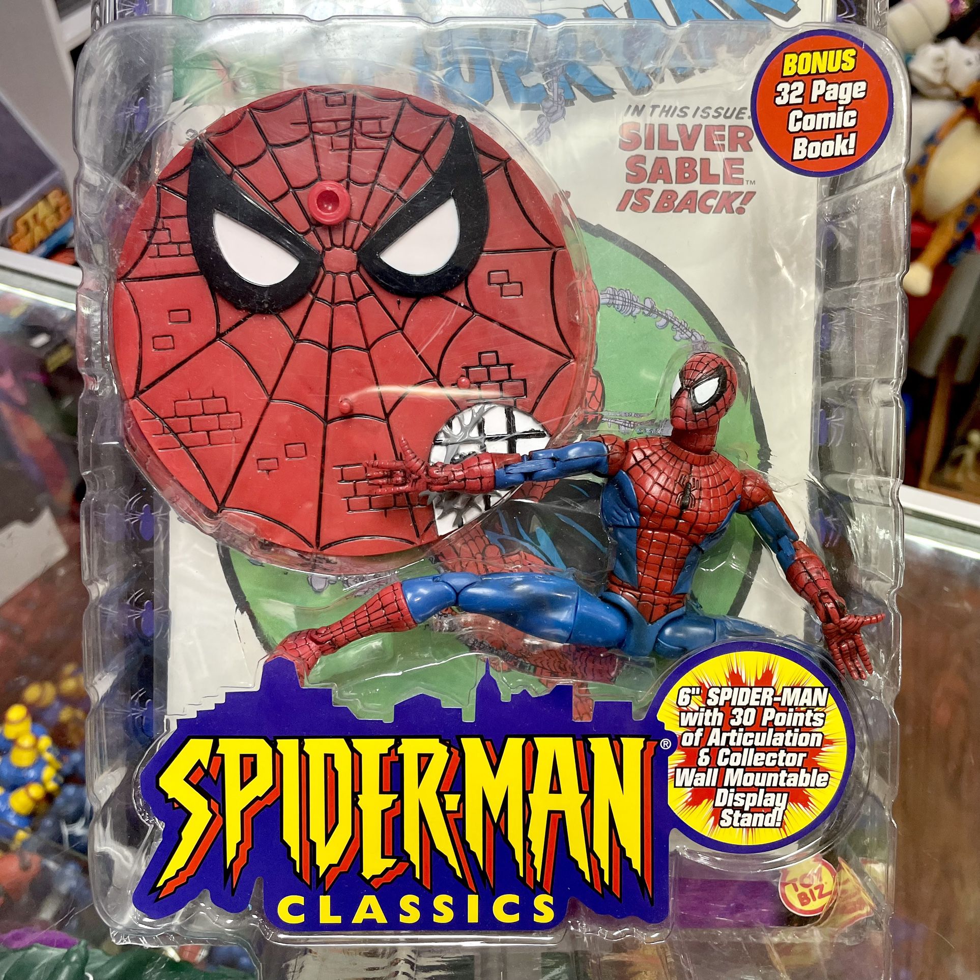 Vintage 2000 Toy Biz Spider-Man Classics 6” Action Figure Toy NIB - 30 Points Of Articulation, Wall Mountable Display Stand & 30 Page Comic Book