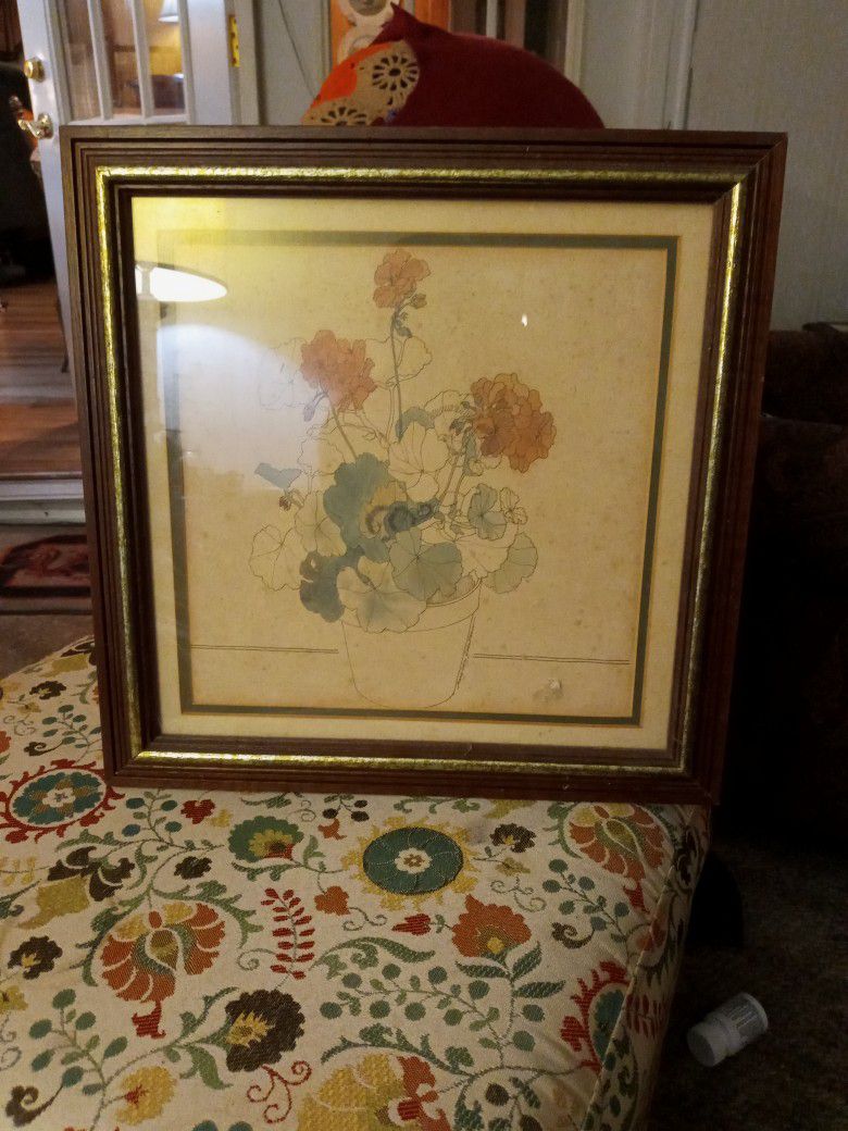 Hey Very Nice Print Of Flowers In A Pot In A Nice Wood Frame Already Be Put On A Wall Ready To Go