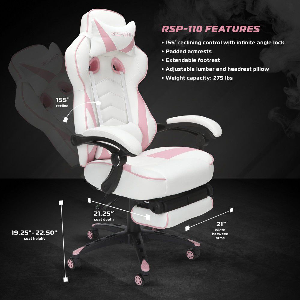 110 Racing Style Gaming Chair, Reclining Ergonomic Leather Chair with Footrest, in Pink (RSP-110-PNK)