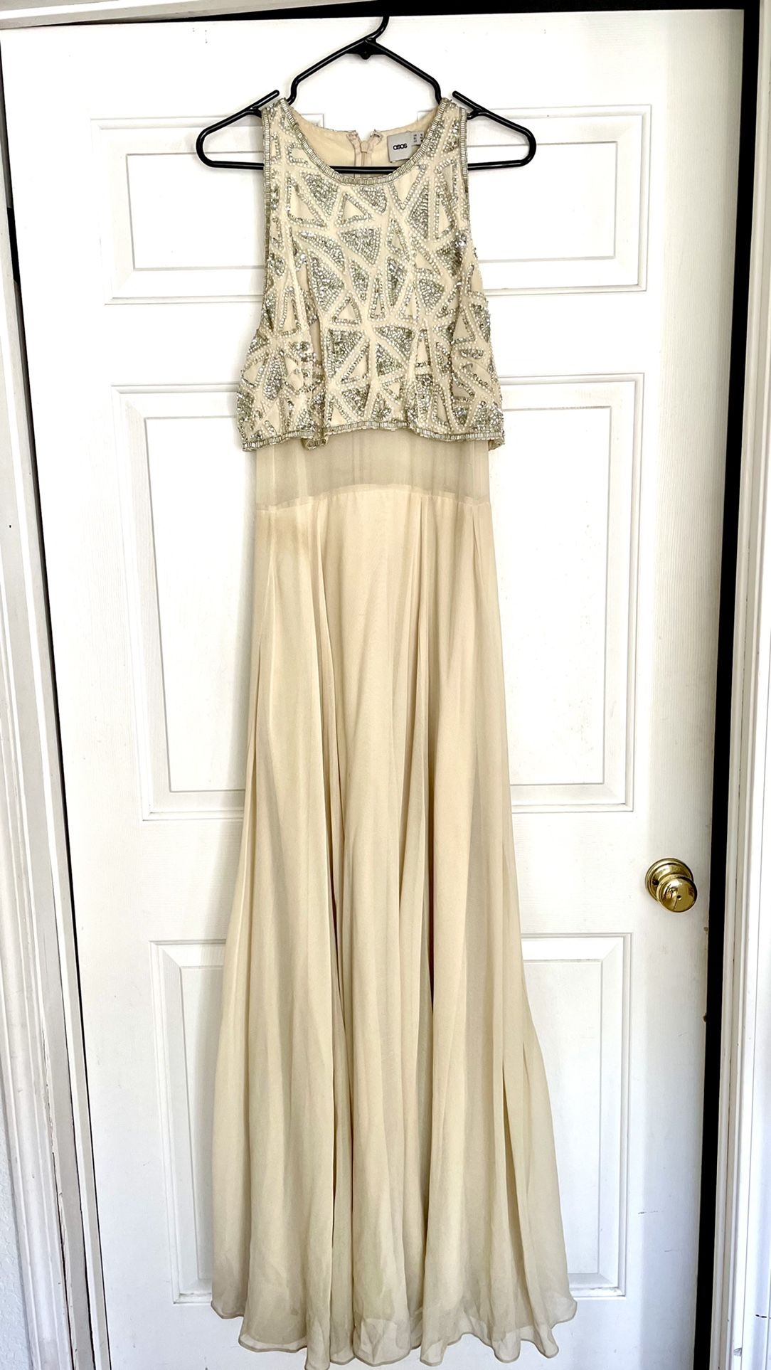ASOS Beige Sequin Top Crop Top Overlay Maxi Gown Bridesmaid Dress (Worn Once, Size 14 US)