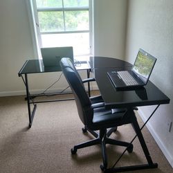 2 Person Black Glass Top Space Efficient Desk With 1 Desk Chair 51" L x 20" W x 35" H Thumbnail
