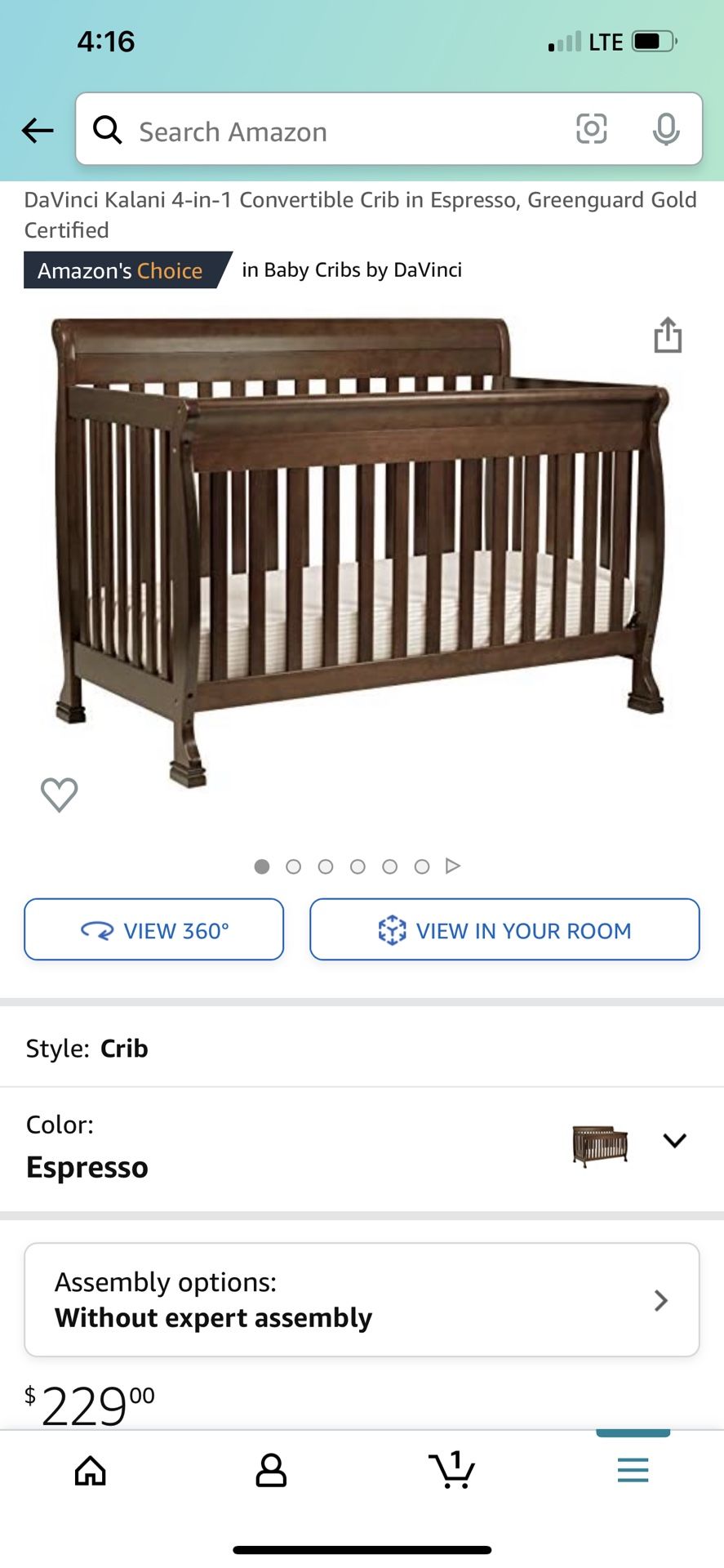 4 in 1 Convertible Crib In Espresso And Mattress