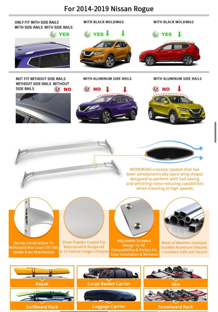 Cross Bars, Roof Rack; Compatible For 2014-2019 Nissan Rogue