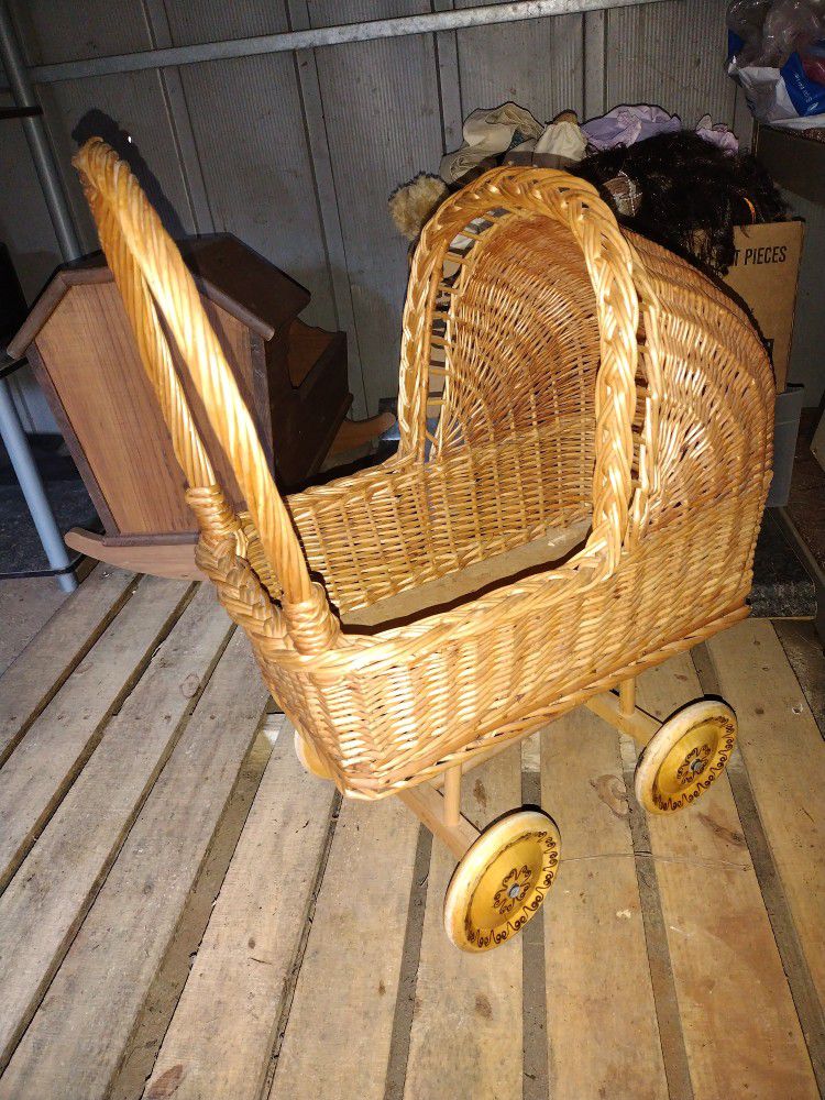 Vintage Leopold Brown Wicker Baby Doll Stroller
