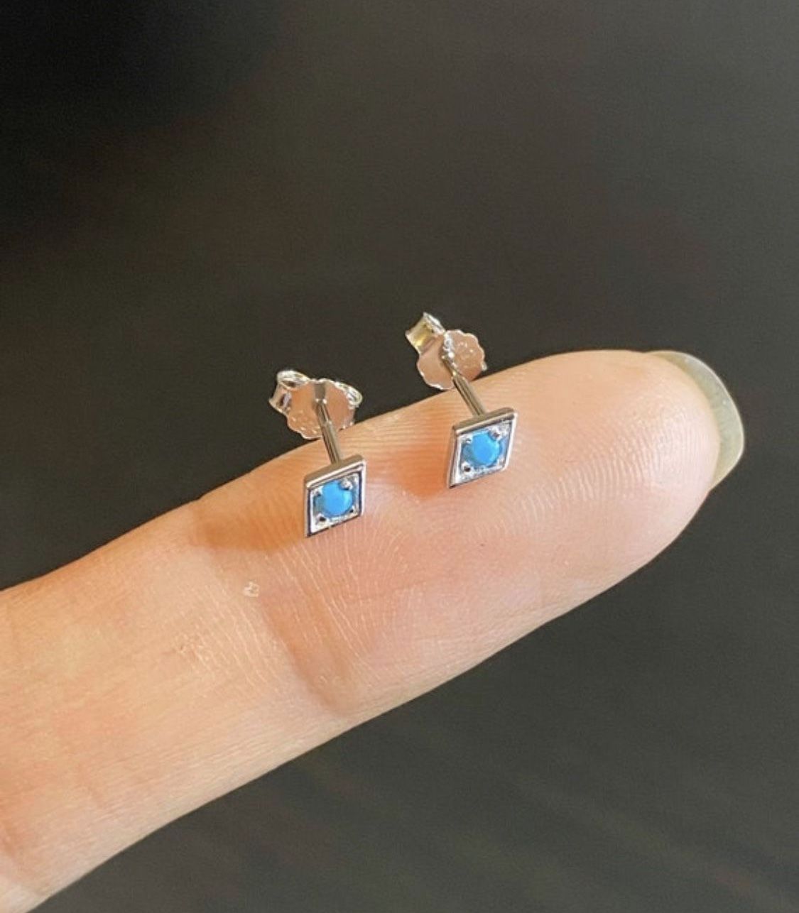 White Gold Turquoise Stud Earrings,S925 Silver Turquoise Studs,Tiny Turquoise Studs,Minimalist Earrings,Diamond Shape Studs,Tiny Gold Studs, Gifts