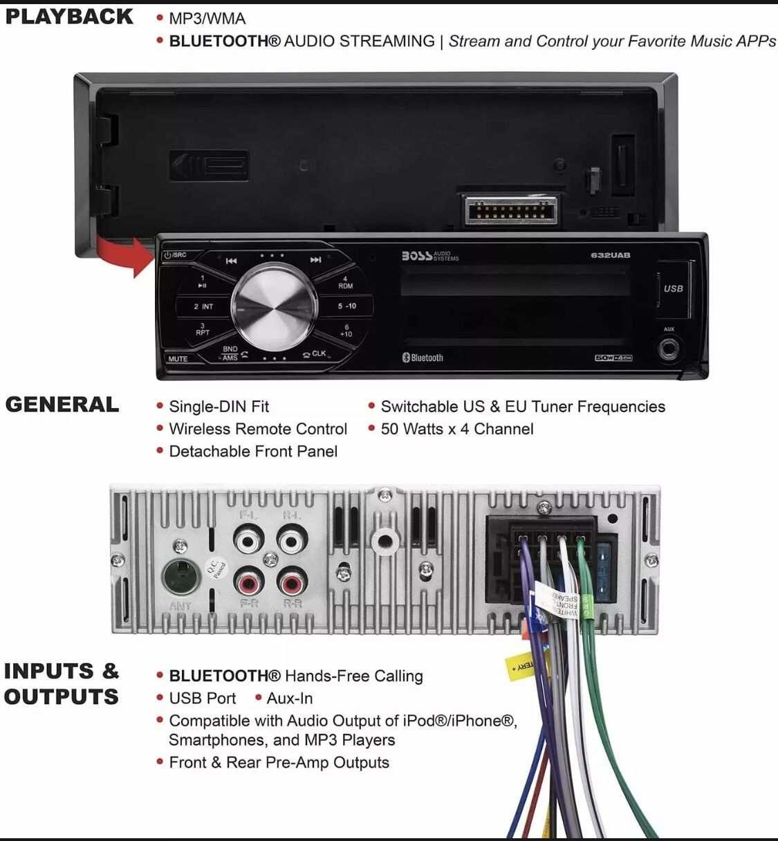 BOSS 632UAB Single 1 Din MP3 Bluetooth USB AUX AM/FM Car Stereo Detachable Face